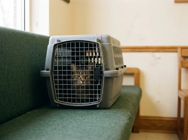 Uma transportadora de gato num banco da sala de espera