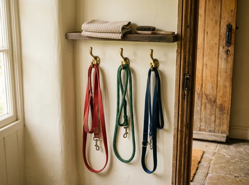 Trelas penduradas em ganchos junto à porta