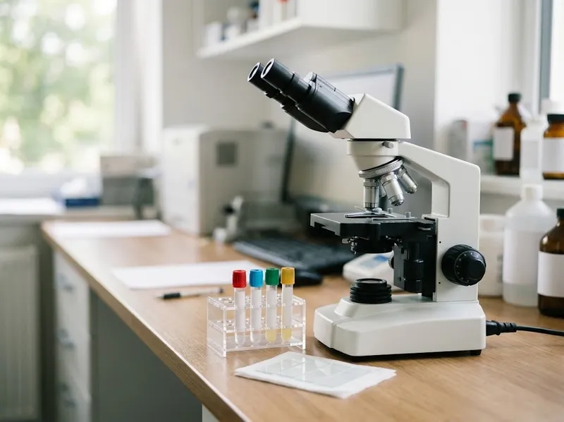 Um microscópio ao lado de tubos de amostras