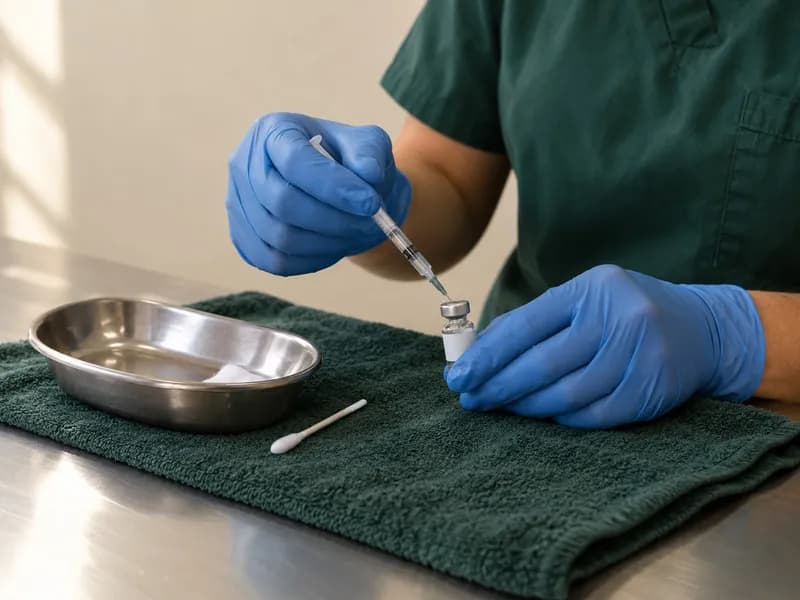 Mãos de um veterinário a preparar uma vacina na mesa de consulta